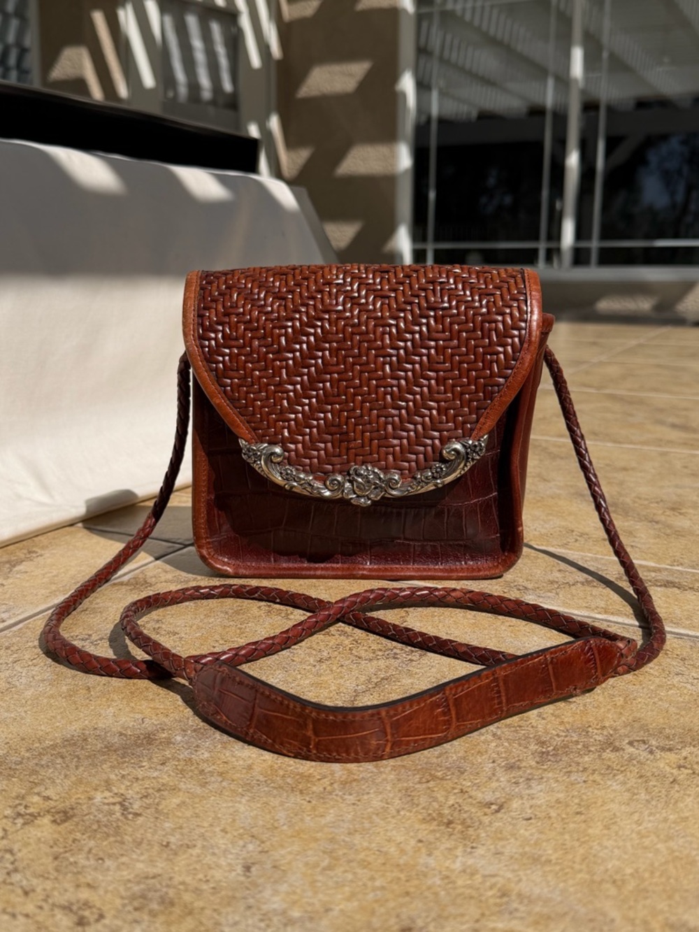 *SOLD* Vintage Brighton Brown Woven Leather Crossbody with Silver Floral & Croc